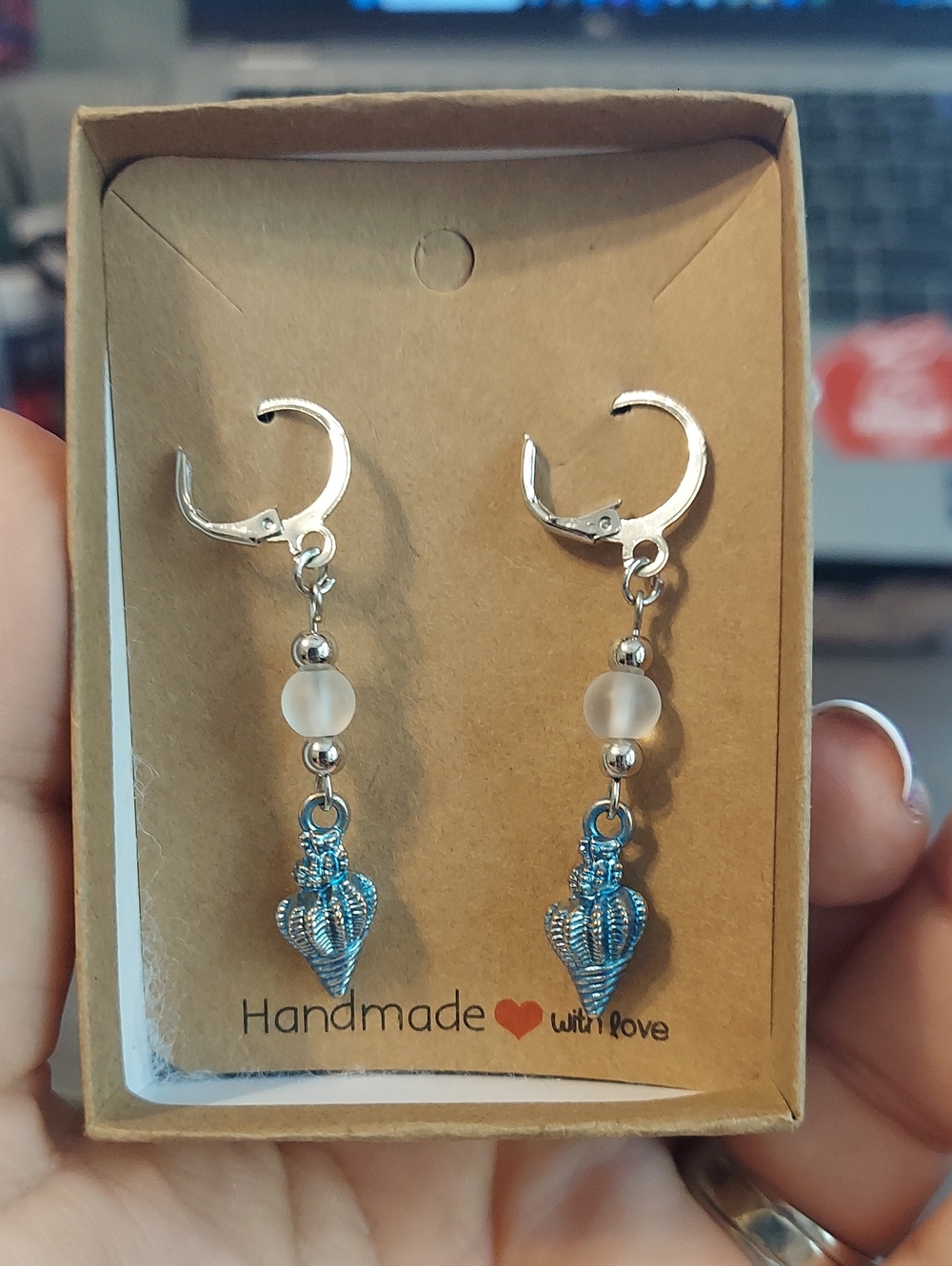 Handmade Silver And Blue -Tone Shell Drop Earrings - White Bead Accent